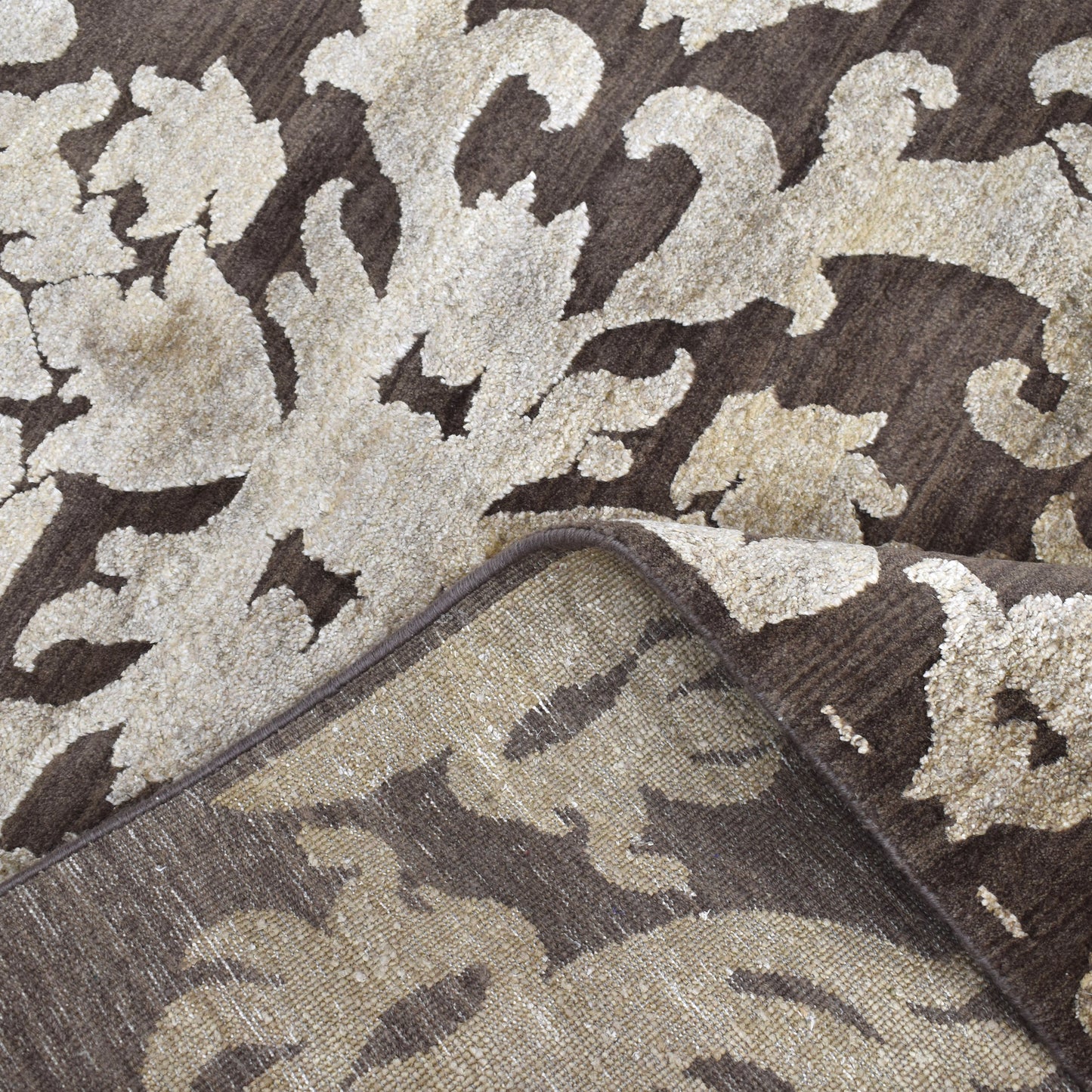 Lisbon Damask Brown and Ivory Transitional Silk and Wool Handknotted Area Rug