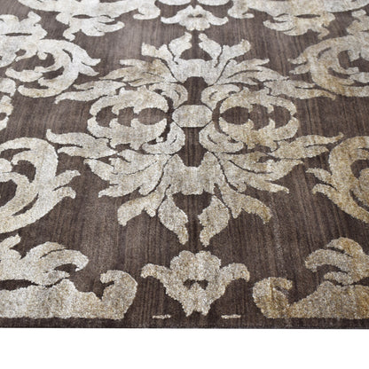 Lisbon Damask Brown and Ivory Transitional Silk and Wool Handknotted Area Rug