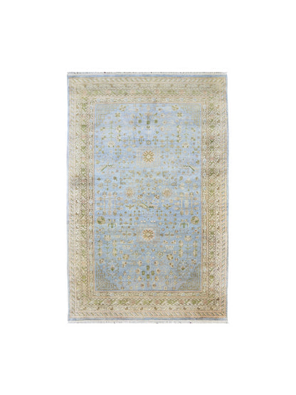 Blue and Camel Pure Silk Tabriz Traditional Handknotted Area Rug 5.9x9.0ft 175X273Cms