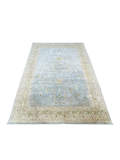 Blue and Camel Pure Silk Tabriz Traditional Handknotted Area Rug 5.9x9.0ft 175X273Cms