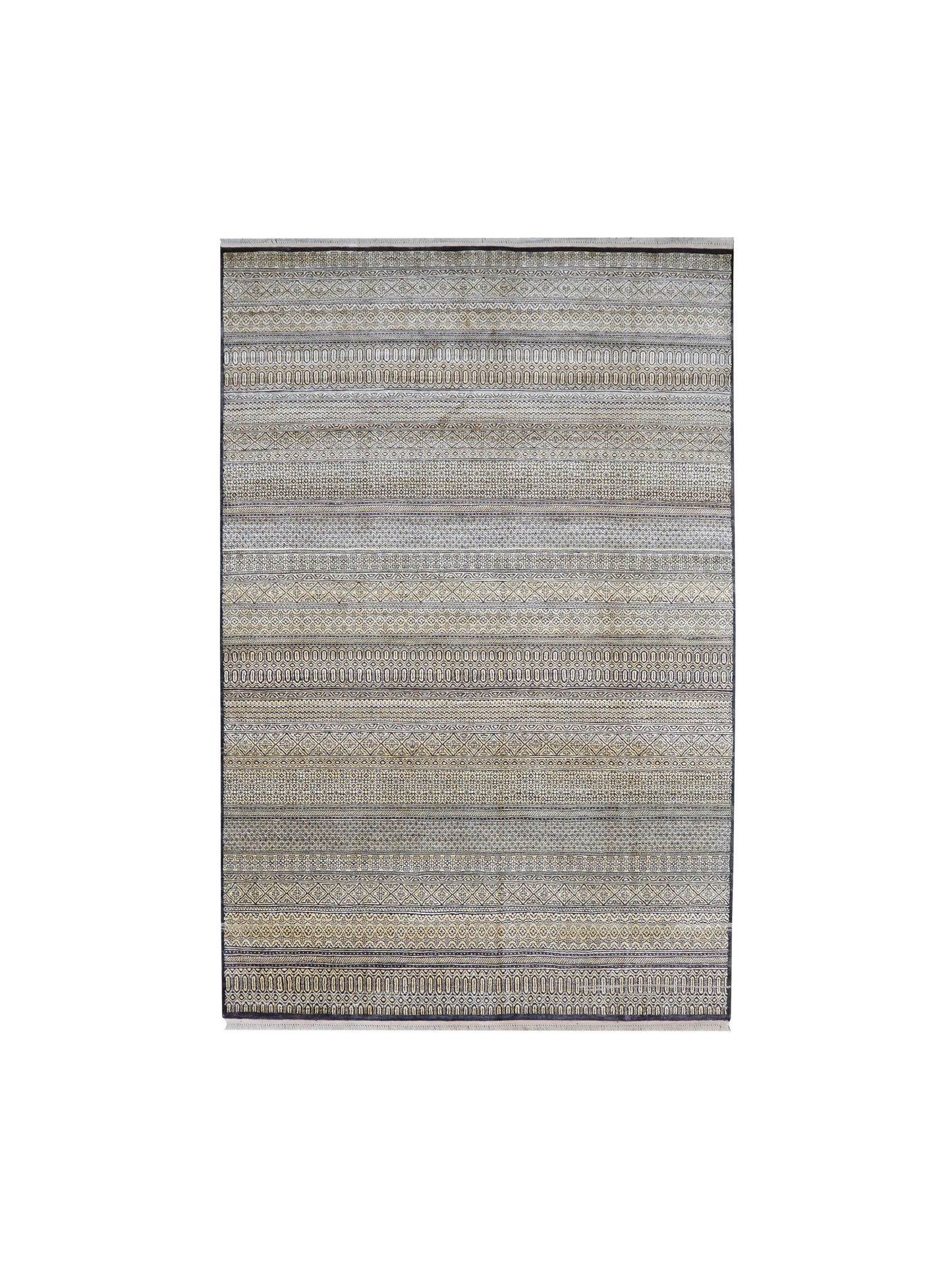 Grey and Ivory Pure Silk Modern Handknotted Area Rug 6.1x9.3ft 185X281Cms