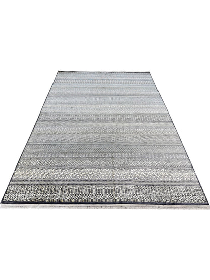 Grey and Ivory Pure Silk Modern Handknotted Area Rug 6.1x9.3ft 185X281Cms