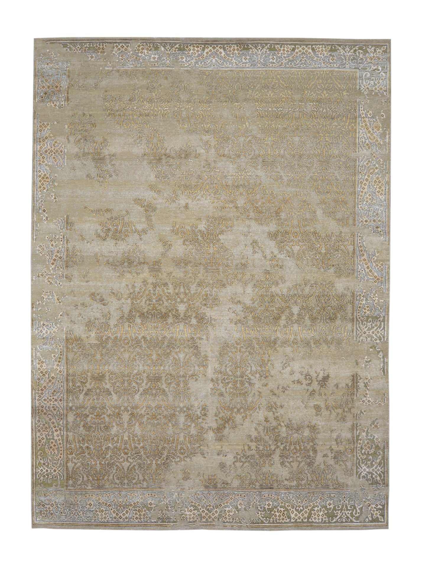 Camel, Gold Pure Silk Erased Handknotted Transitional Distressed Area Rug