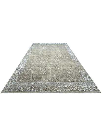 Camel, Gold Pure Silk Erased Handknotted Transitional Distressed Area Rug