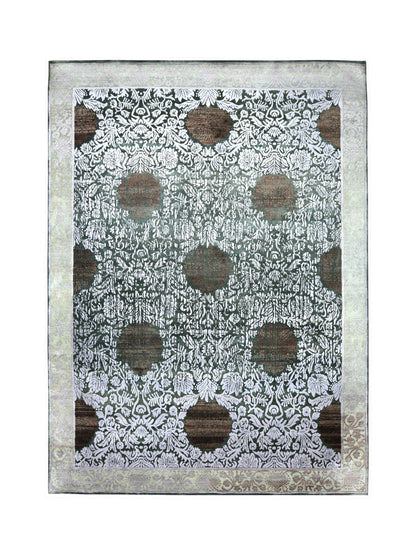 Brown Rose Floral Green, Grey, Silver and Brown Transitional Handknotted Area Rug