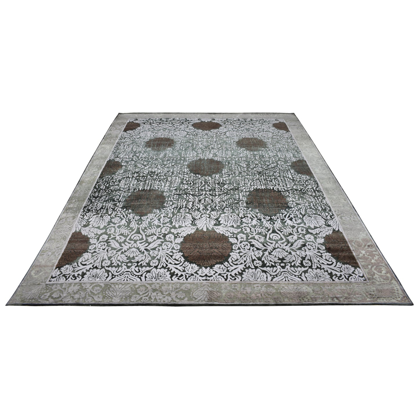 Brown Rose Floral Green, Grey, Silver and Brown Transitional Handknotted Area Rug