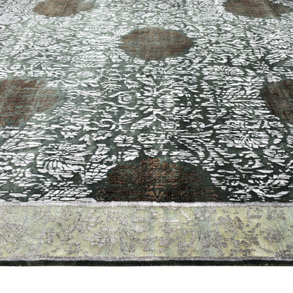 Brown Rose Floral Green, Grey, Silver and Brown Transitional Handknotted Area Rug