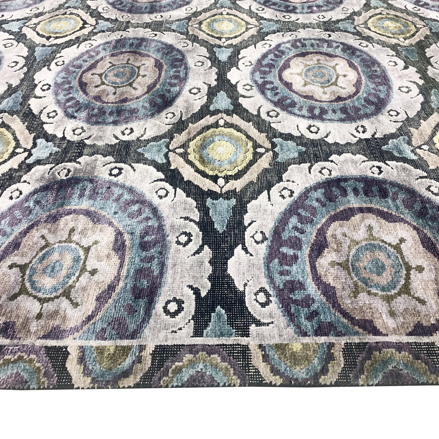 Coral Charcoal Black, Blue and Ivory Transitional Damask Handknotted Area Rug