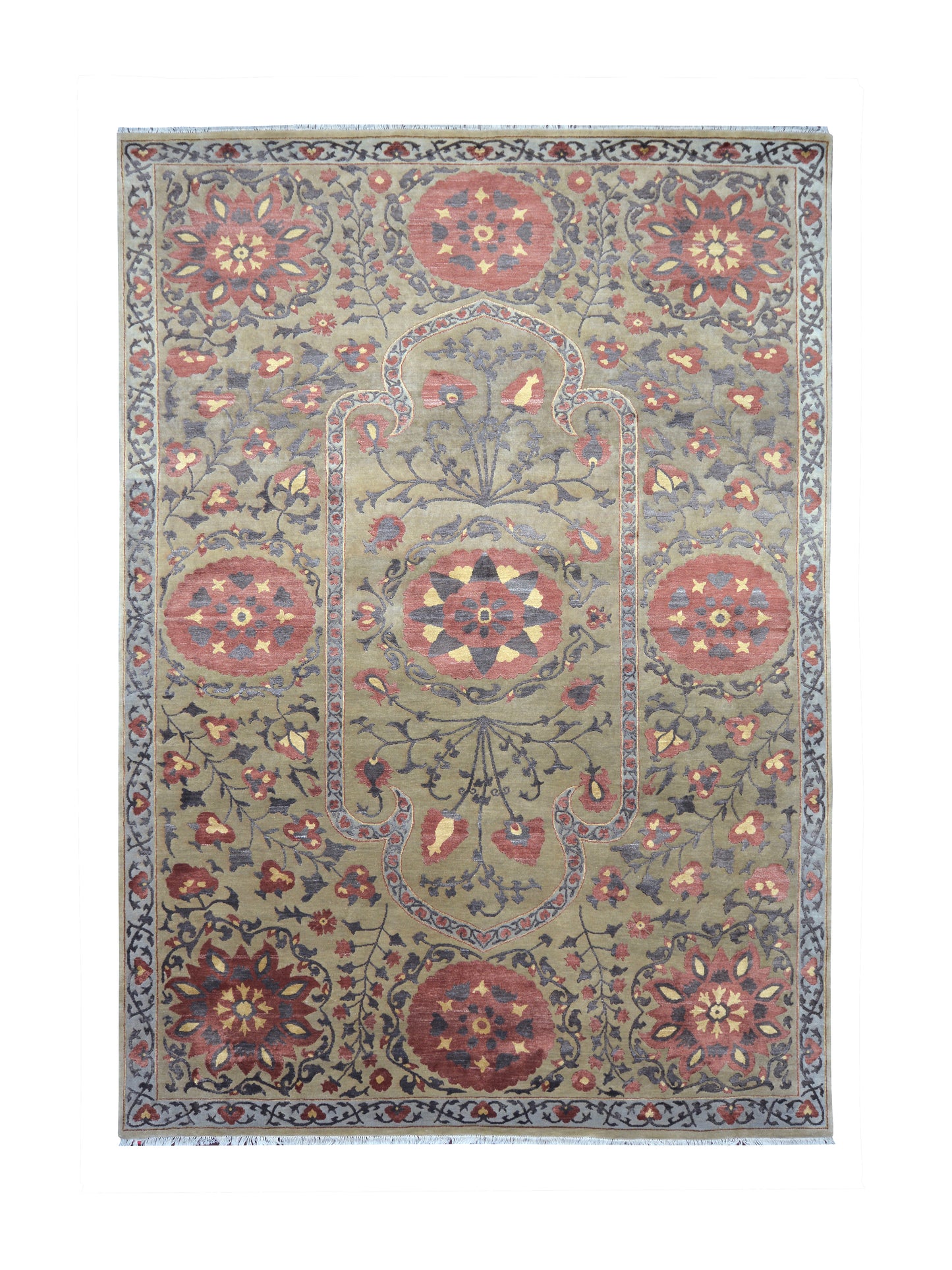 Uzbek Suzani Camel and Red Traditional Silk and Wool Handknotted Area Rug