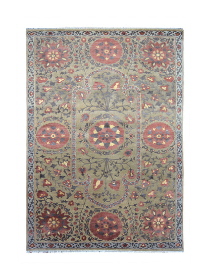 Uzbek Suzani Camel and Red Traditional Silk and Wool Handknotted Area Rug