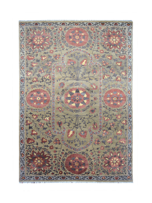 Uzbek Suzani Camel and Red Traditional Silk and Wool Handknotted Area Rug