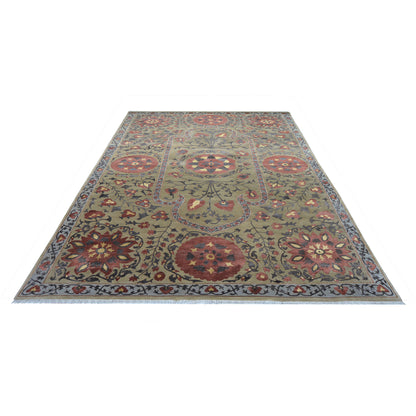 Uzbek Suzani Camel and Red Traditional Silk and Wool Handknotted Area Rug