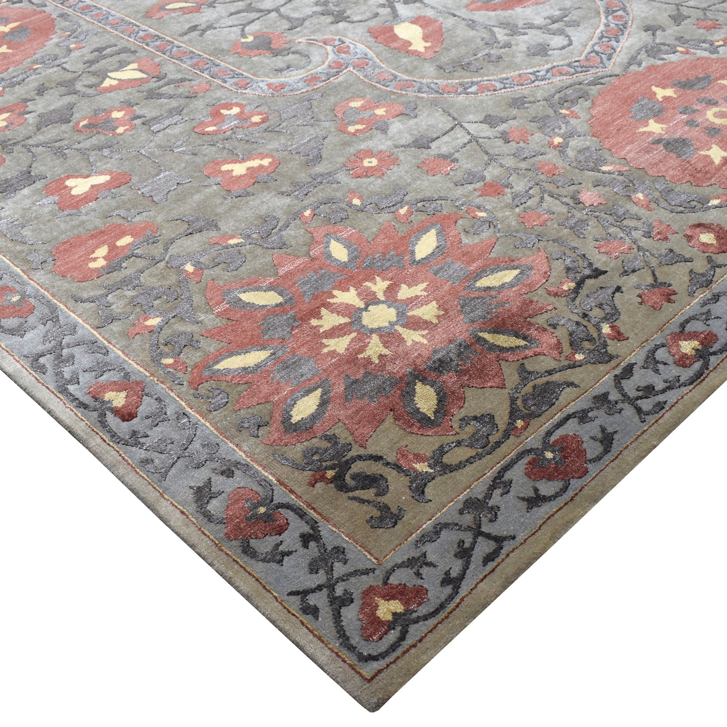 Uzbek Suzani Camel and Red Traditional Silk and Wool Handknotted Area Rug