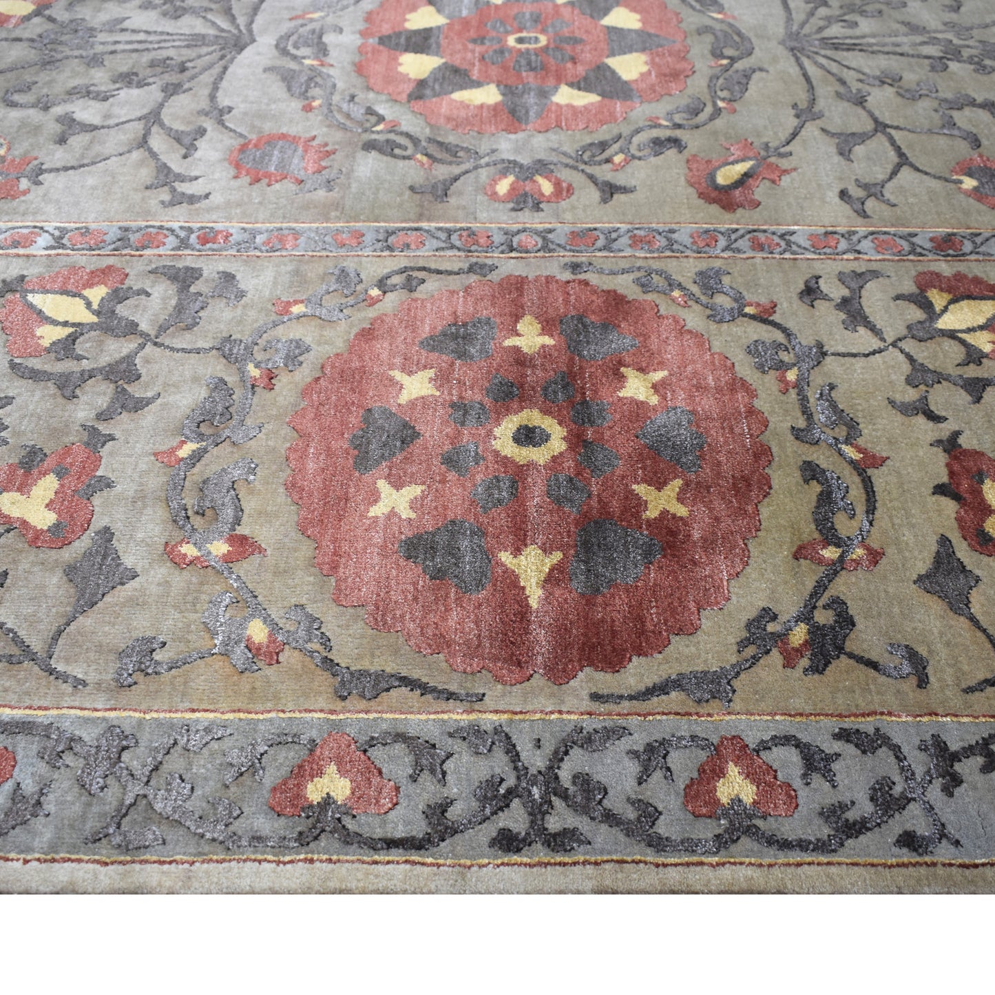 Uzbek Suzani Camel and Red Traditional Silk and Wool Handknotted Area Rug