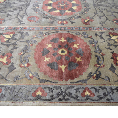 Uzbek Suzani Camel and Red Traditional Silk and Wool Handknotted Area Rug