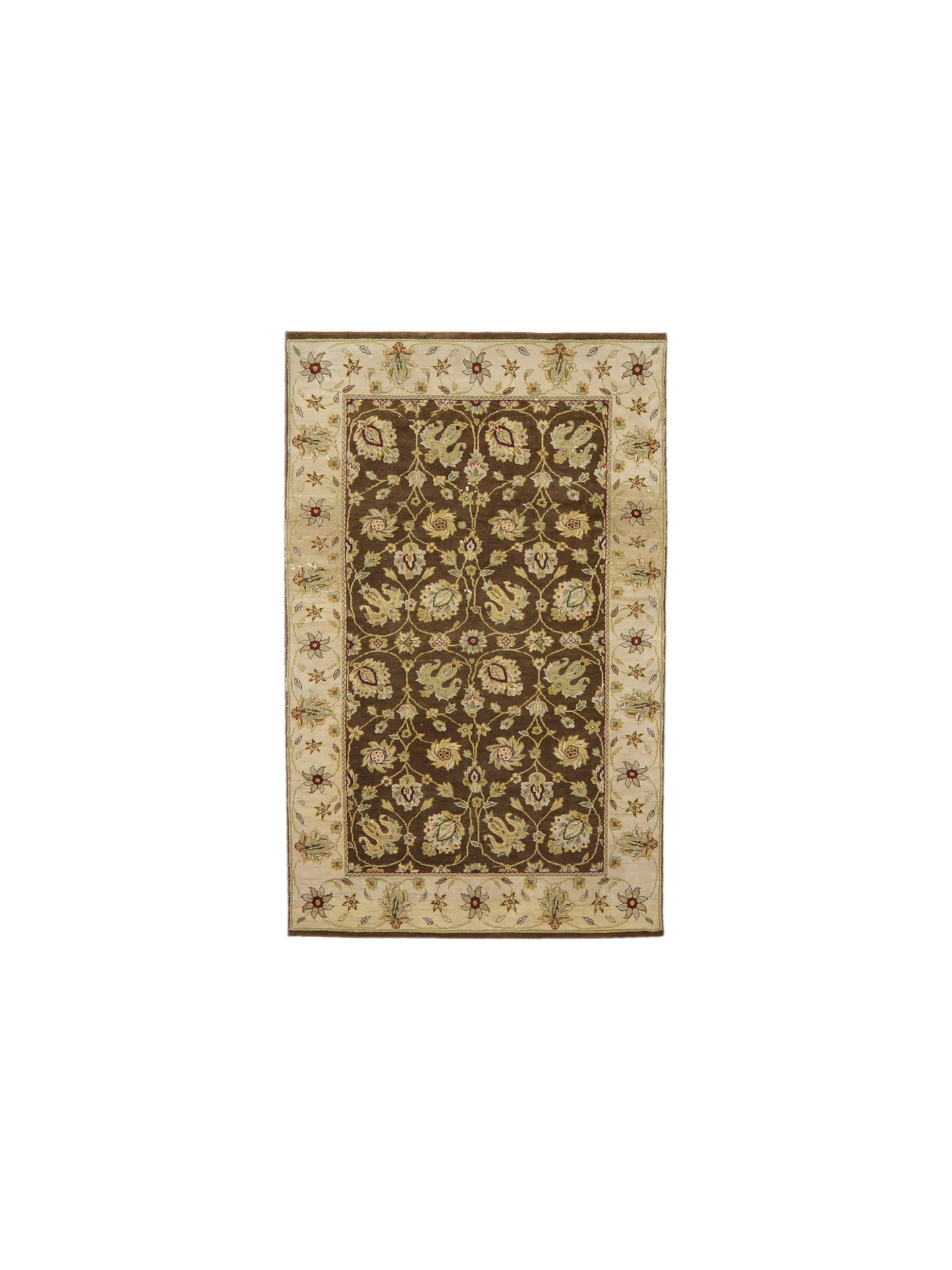 Ivory and Brown Pure Silk Traditional Luxurious Handknotted Area Rug