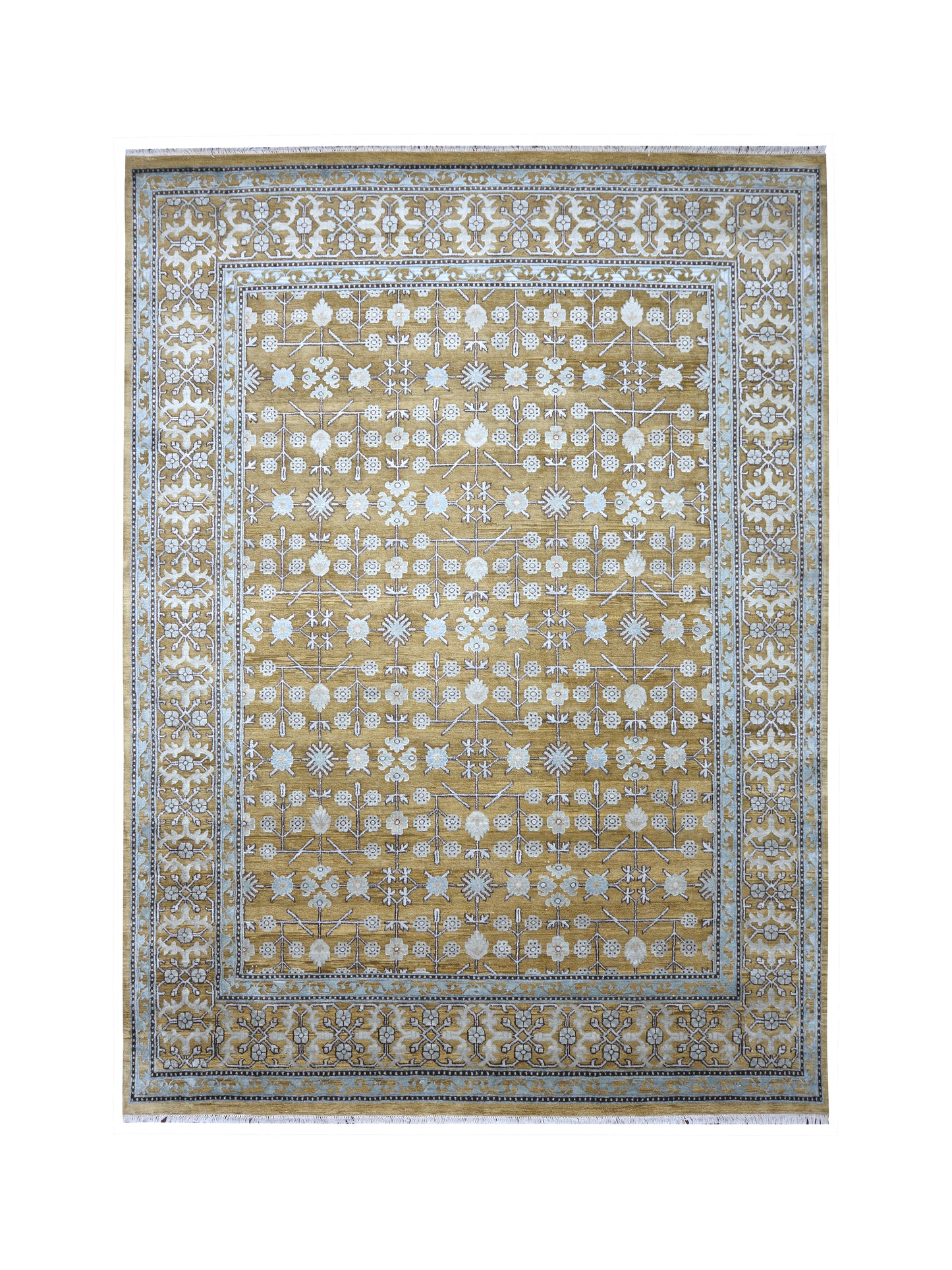 Samarkand Garden Camel and Ivory Traditional Silk and Wool Handknotted Area Rug