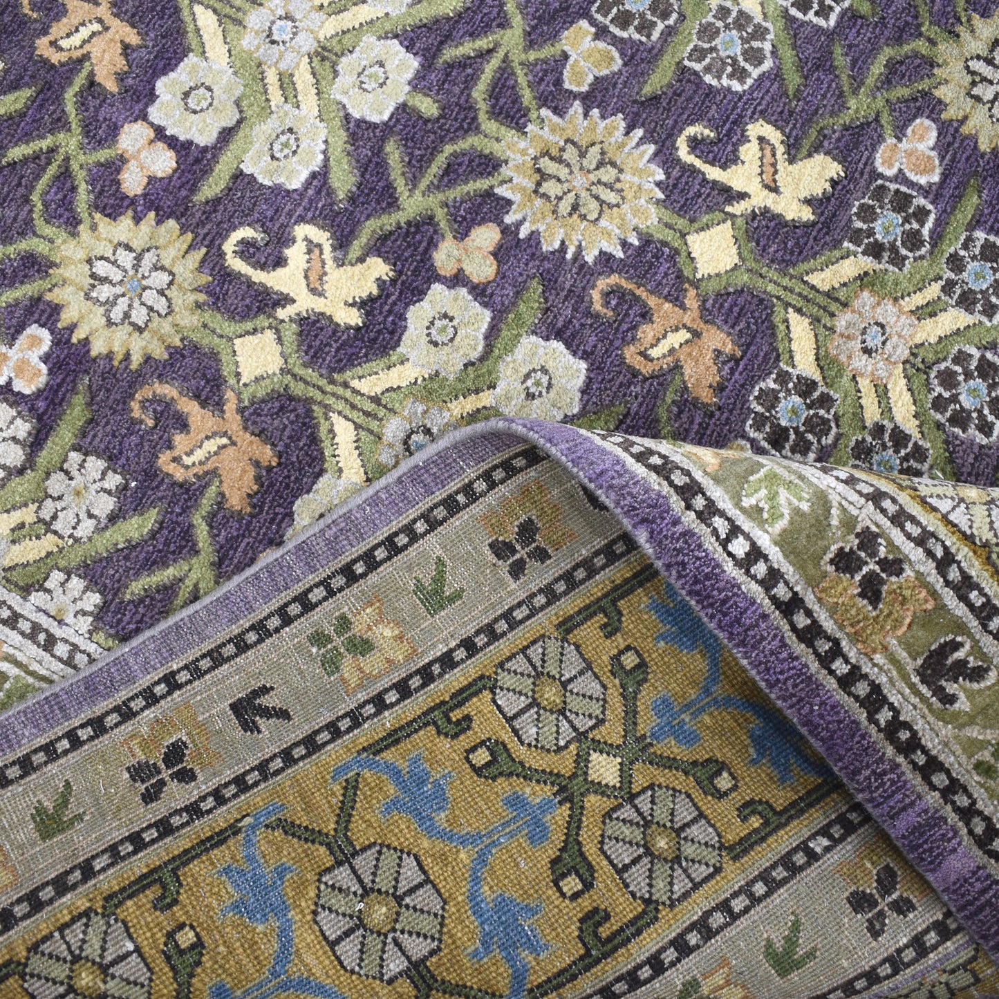 Garden Samarkand Lavender, Camel and Multy Traditional Silk and Wool Handknotted Area Rug