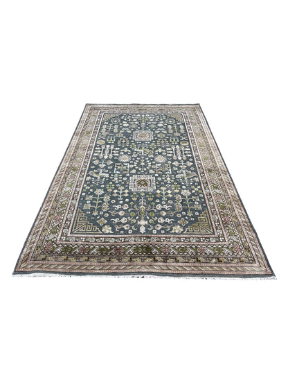 Blue and Multi Silk and Wool Samarkand Handknotted Area Rug