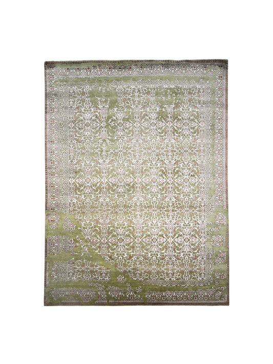 Garden Olive Green, Ivory and Red Transitional Erased Handknotted Area Rug