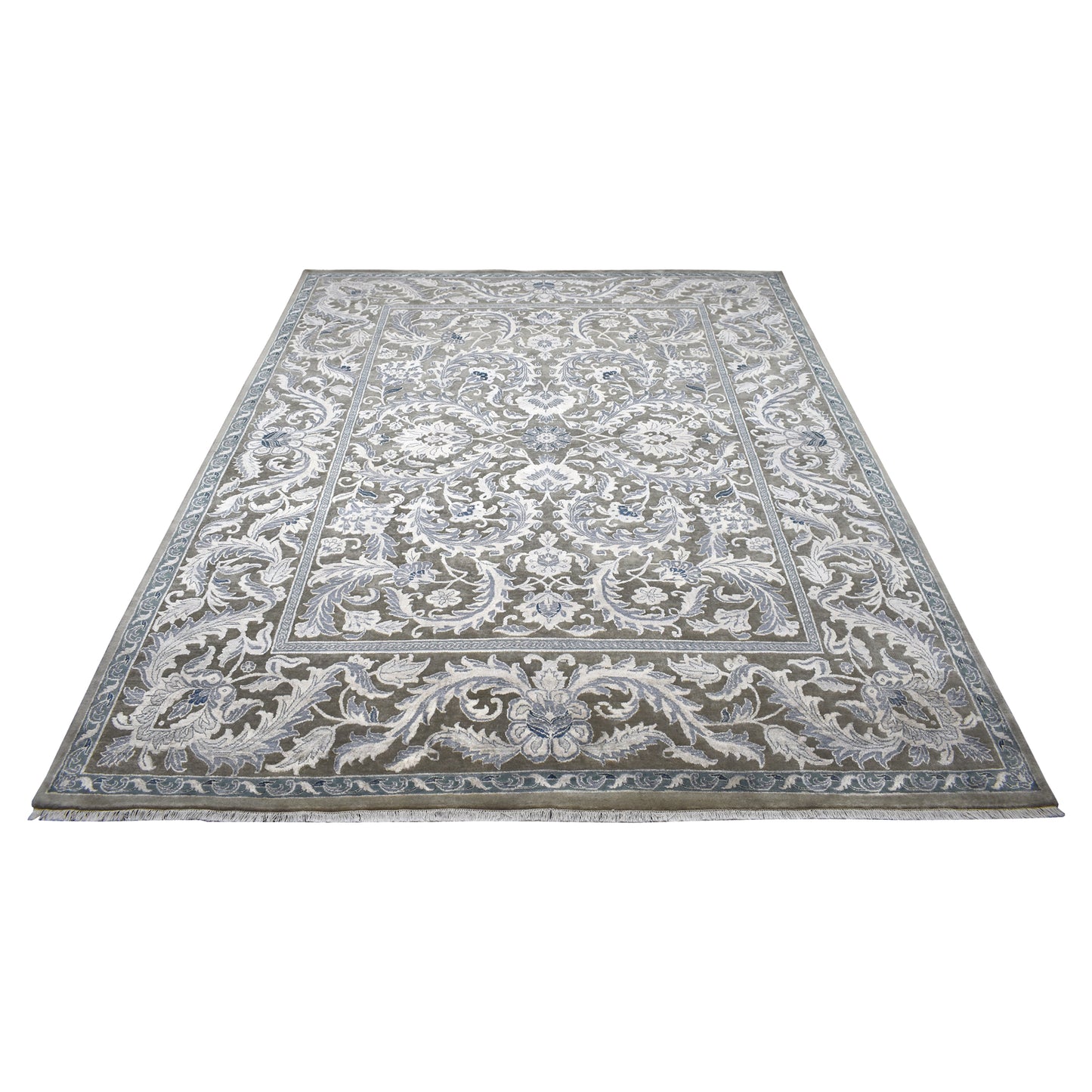 Persian Taj Grey and Silver Silk and Wool Transitional Handknotted Area Rug