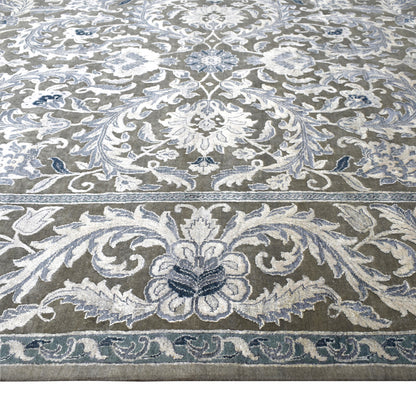 Persian Taj Grey and Silver Silk and Wool Transitional Handknotted Area Rug