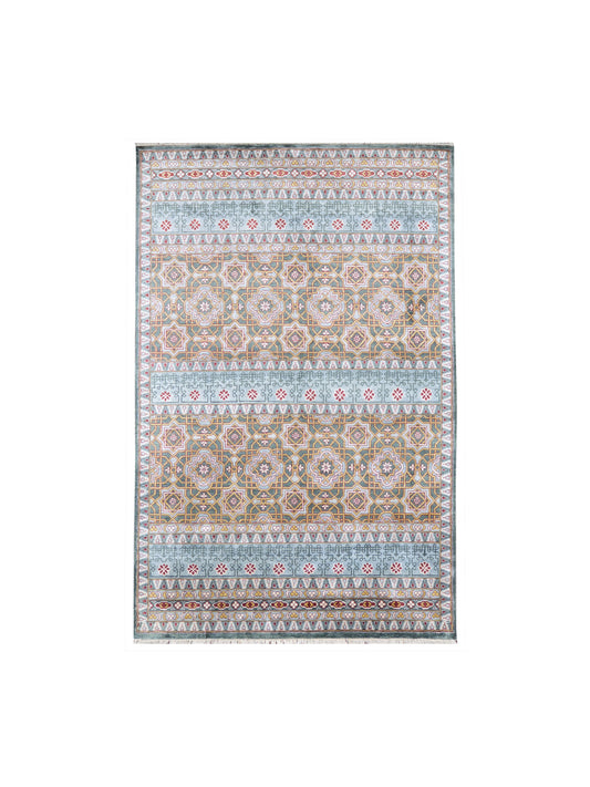 Blue and Green Pure Silk Transitional Geometrical Handknotted Area Rug