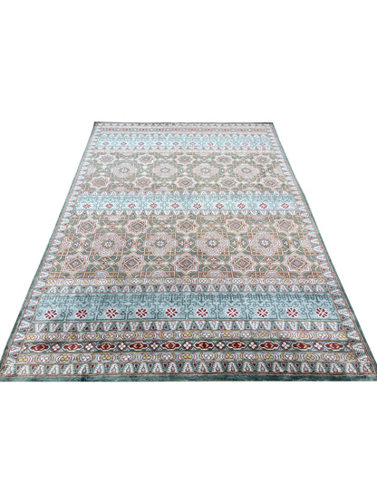 Blue and Green Pure Silk Transitional Geometrical Handknotted Area Rug