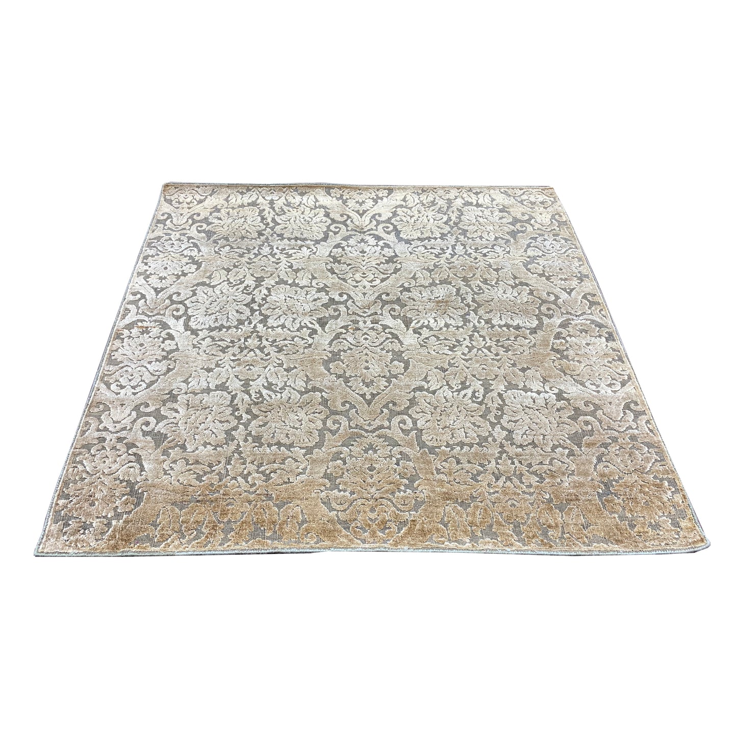 Camel Brown Silk and Wool Distressed Transitional Area Rug 4.11x4.11ft 151x150Cms