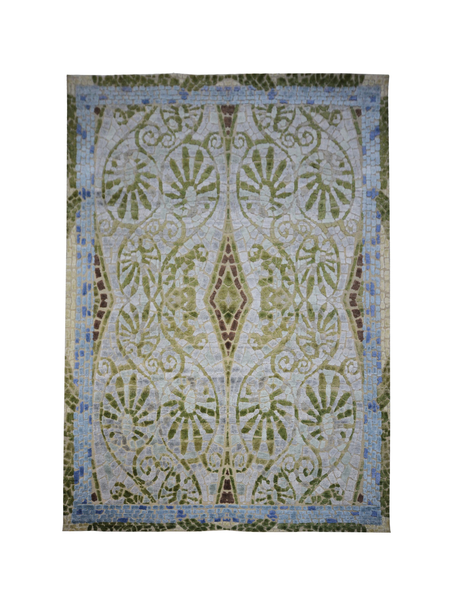 Malibu Ivory, Green and Light Blue Transitional Muzak Handknotted Area Rug