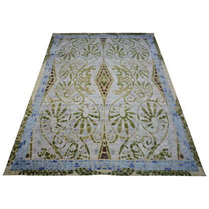 Malibu Ivory, Green and Light Blue Transitional Muzak Handknotted Area Rug