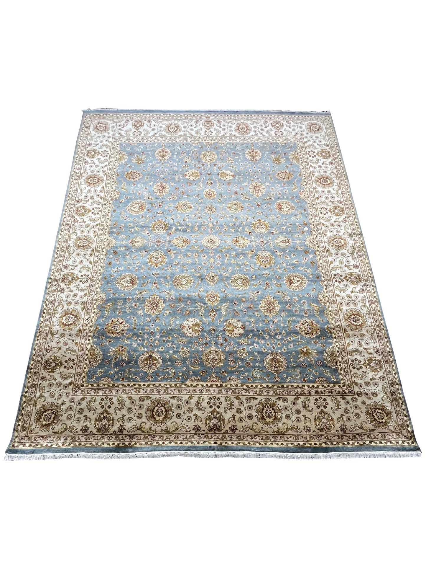 L.blue and Ivory Pure Silk Traditional Handknotted Area Rug