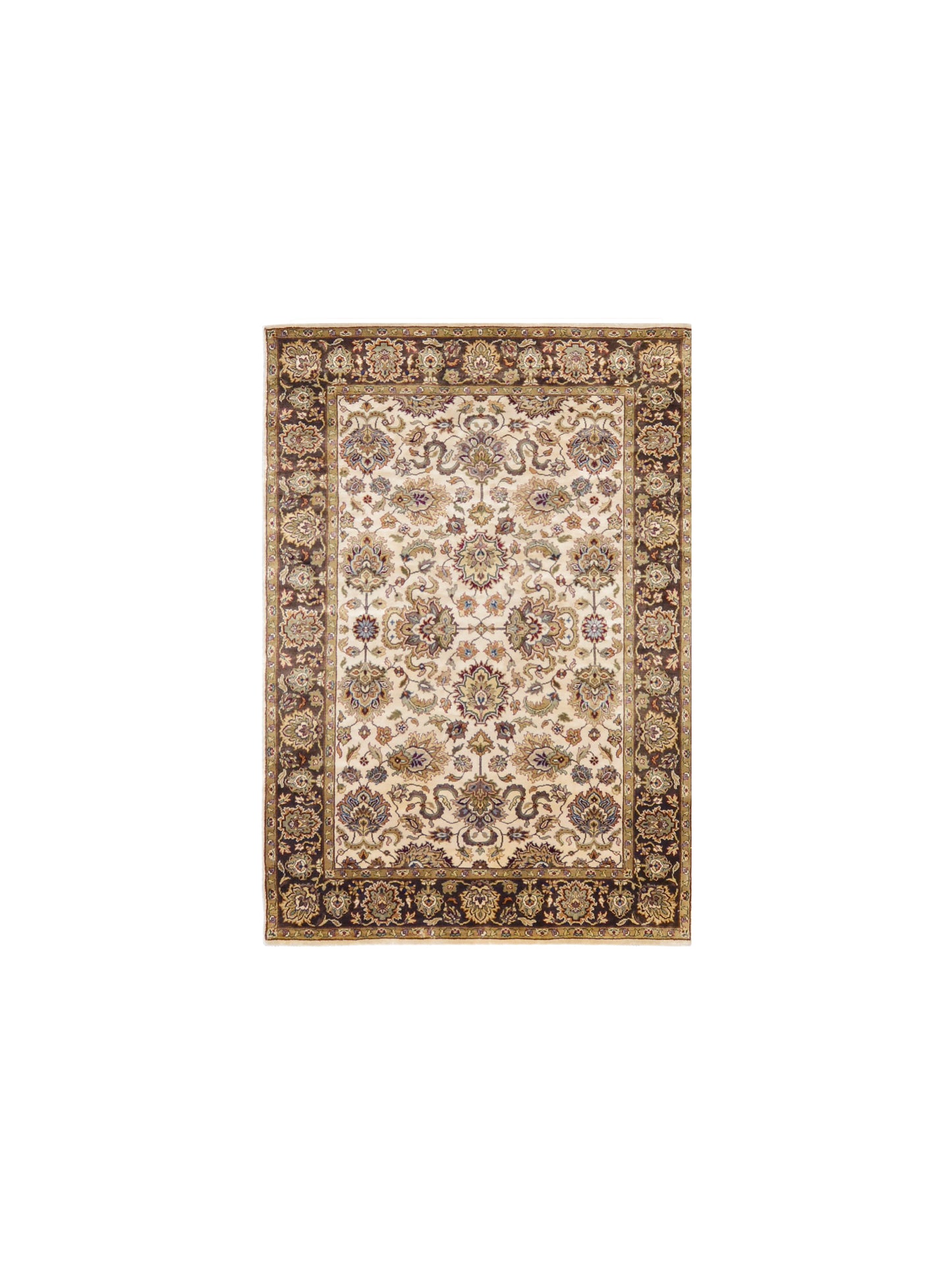 Ivory Brown Pure Silk Traditional Luxurious Handknotted Area Rug 4.0x6.1ft 122x185Cms