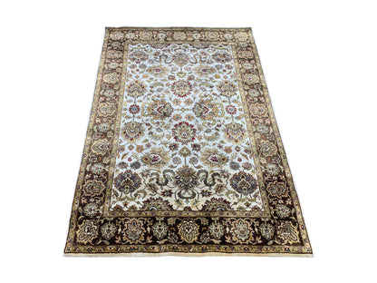 Ivory Brown Pure Silk Traditional Luxurious Handknotted Area Rug 4.0x6.1ft 122x185Cms