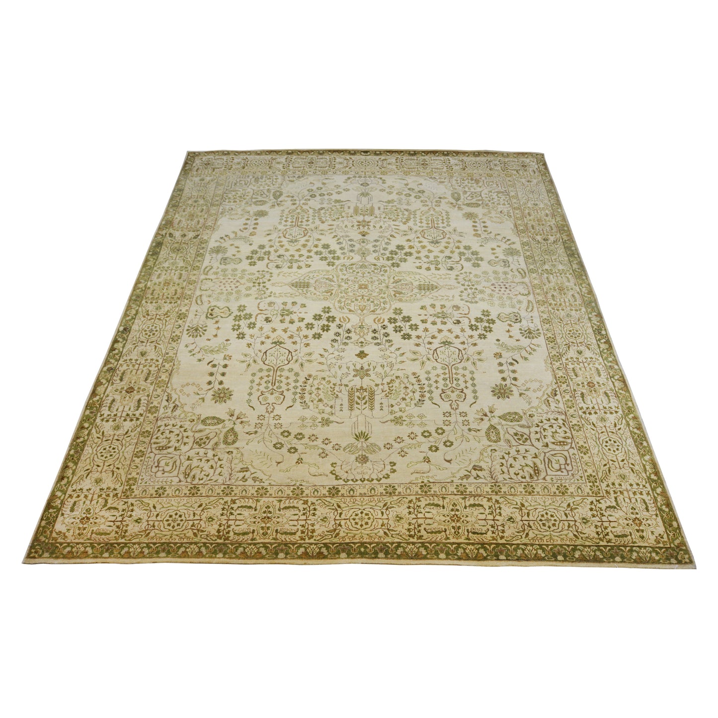 Garden Ivory, Green and Camel Traditional Kashan Pure Wool Luxury Handknotted Area Rug