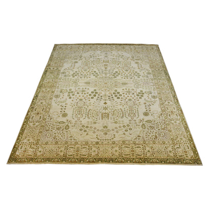 Garden Ivory, Green and Camel Traditional Kashan Pure Wool Luxury Handknotted Area Rug