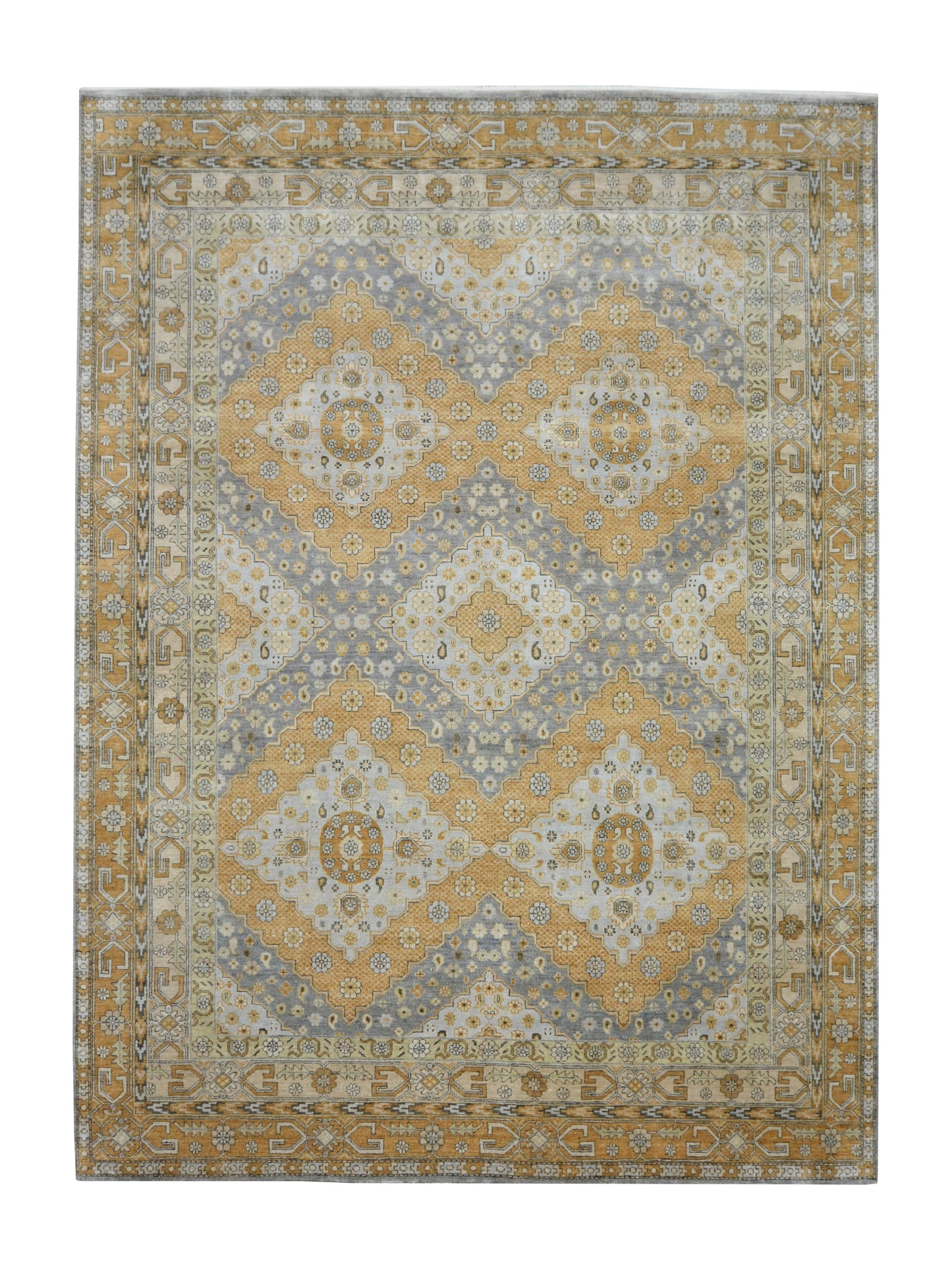 Gold and Grey Pure Silk Traditional Handknotted Area Rug 9.0x12.3ft 274x373Cms