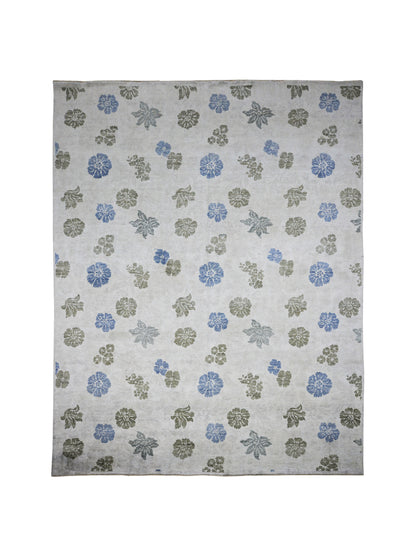 Floral Ivory, Blue, Green and Grey Transitional Pure Silk Handknotted Area Rug