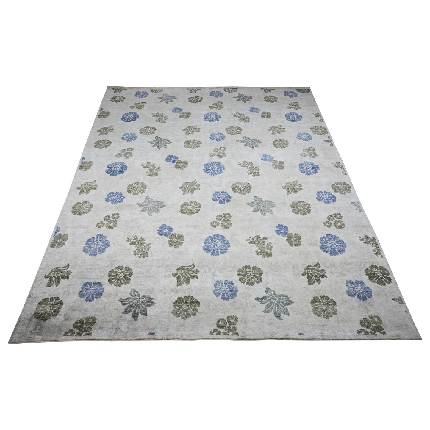 Floral Ivory, Blue, Green and Grey Transitional Pure Silk Handknotted Area Rug