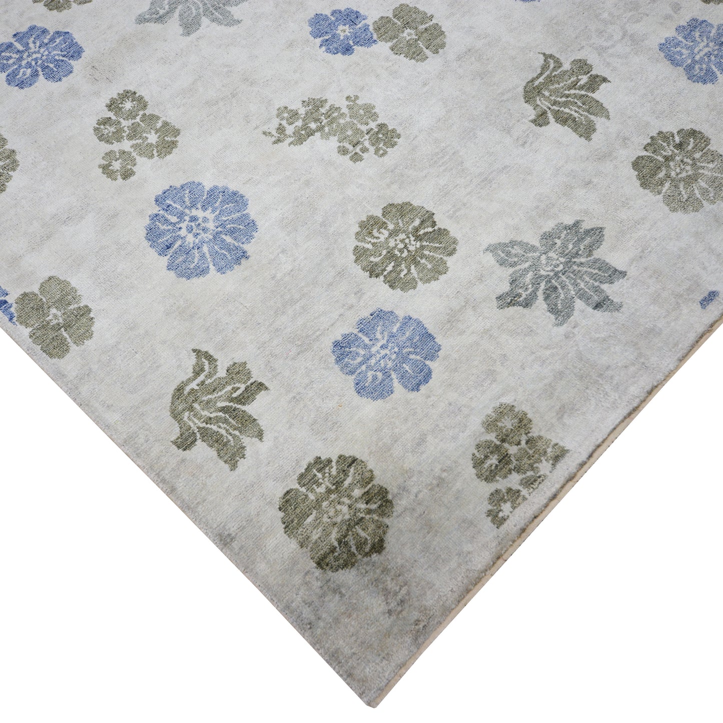 Floral Ivory, Blue, Green and Grey Transitional Pure Silk Handknotted Area Rug