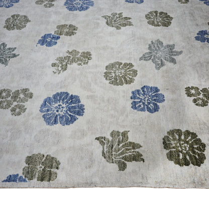 Floral Ivory, Blue, Green and Grey Transitional Pure Silk Handknotted Area Rug