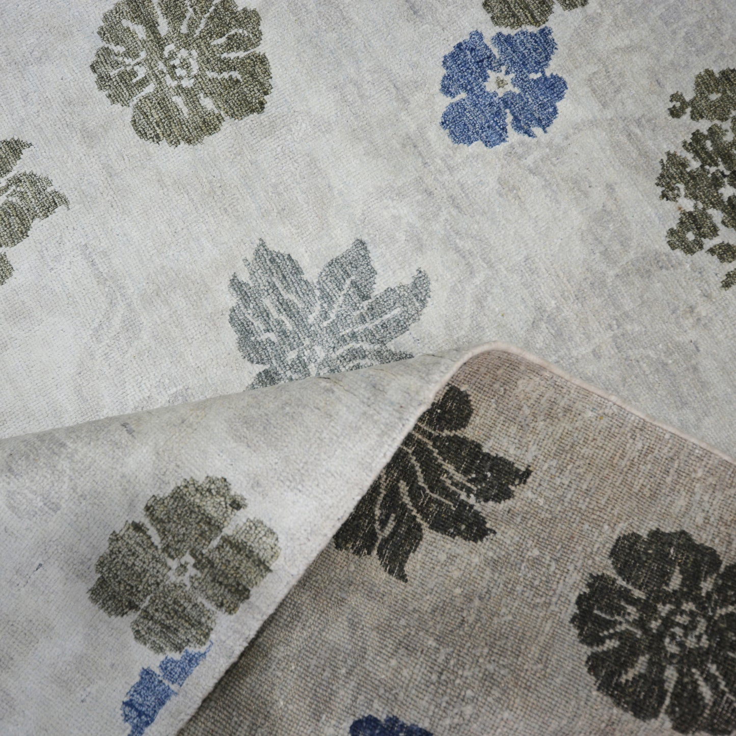 Floral Ivory, Blue, Green and Grey Transitional Pure Silk Handknotted Area Rug