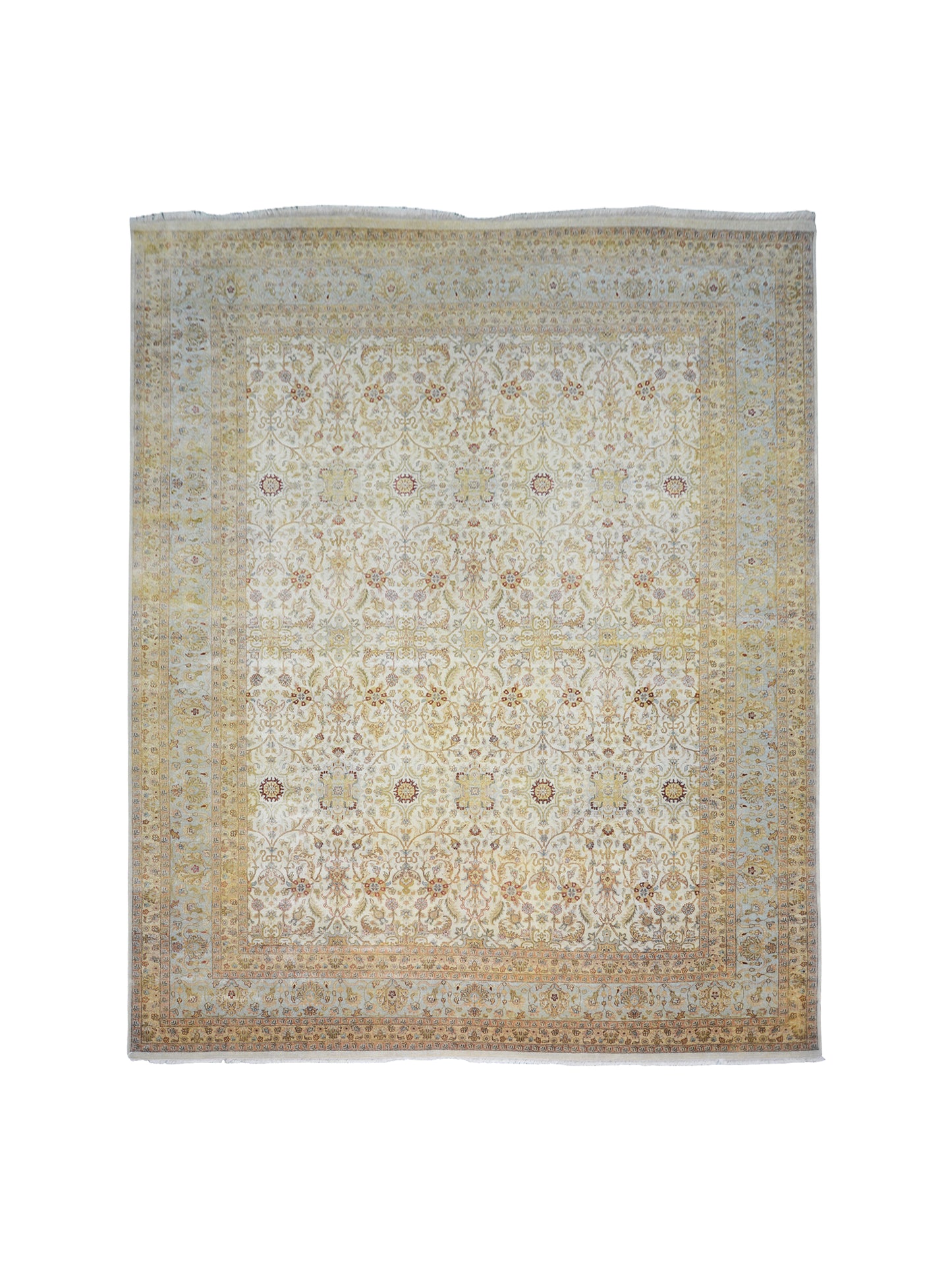 Persian Ivory, Light Blue and Rust Traditional Persian Pure Wool Luxury Handknotted Area Rug