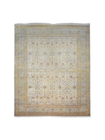 Persian Ivory, Light Blue and Rust Traditional Persian Pure Wool Luxury Handknotted Area Rug