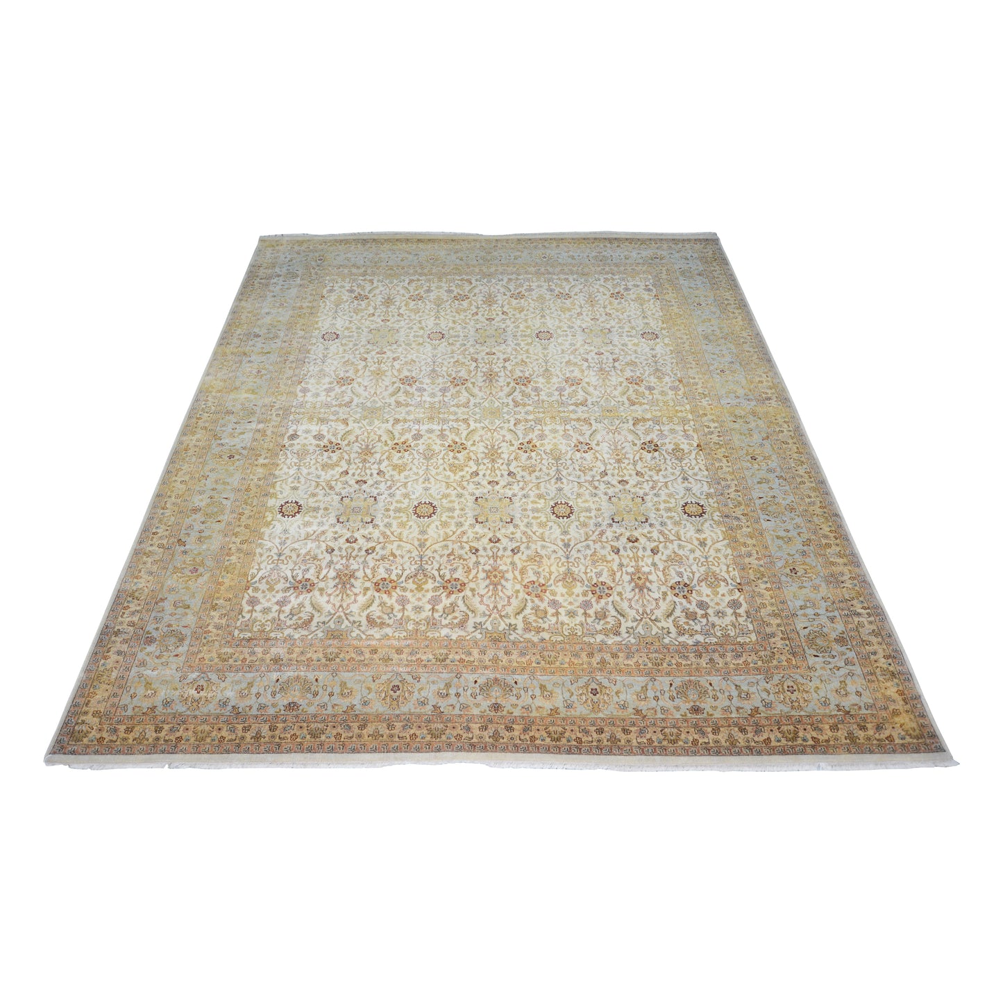 Persian Ivory, Light Blue and Rust Traditional Persian Pure Wool Luxury Handknotted Area Rug