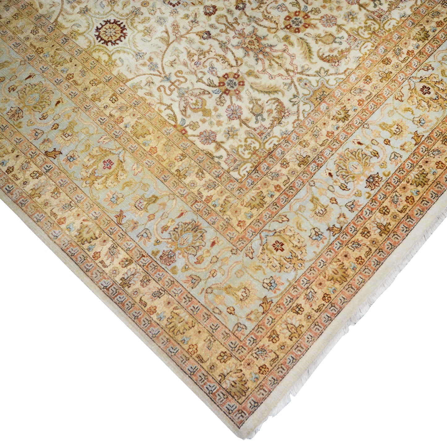 Persian Ivory, Light Blue and Rust Traditional Persian Pure Wool Luxury Handknotted Area Rug