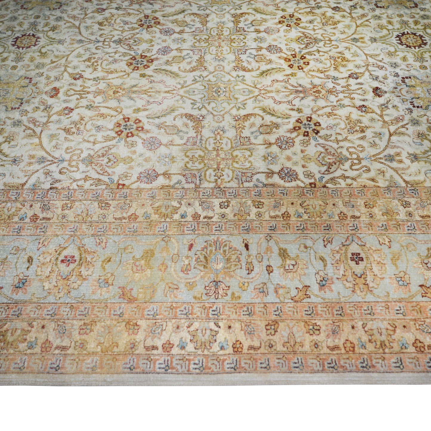 Persian Ivory, Light Blue and Rust Traditional Persian Pure Wool Luxury Handknotted Area Rug