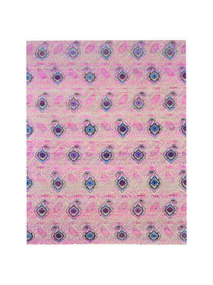 Pink, Ivory Sari Silk and Wool Oxidized Transitional Handknotted Area Rug 7.10x9.11ft 238x303Cms