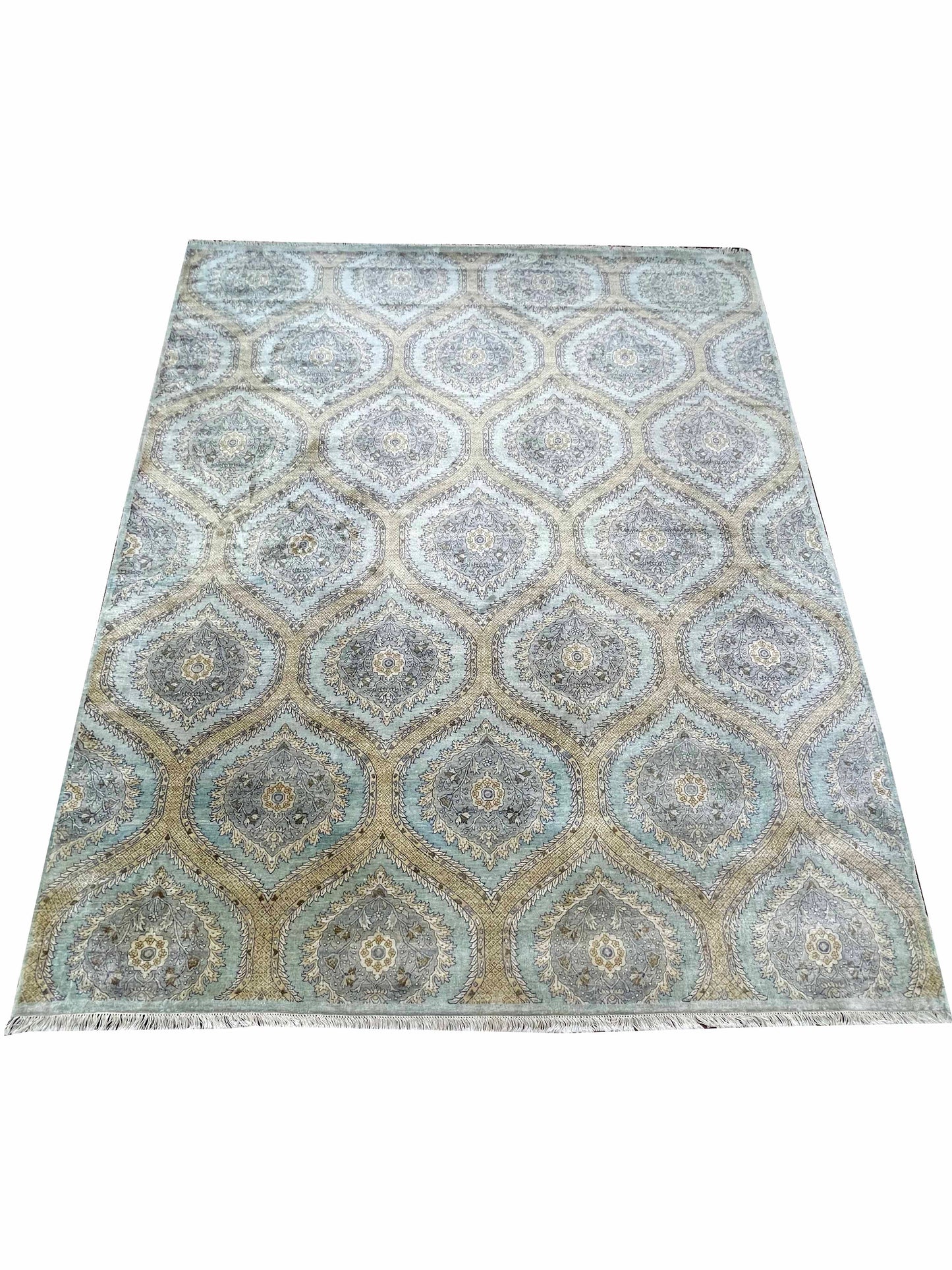 L.blue and Camel Pure Silk Ethnic Traditional Luxury Handknotted Area Rug