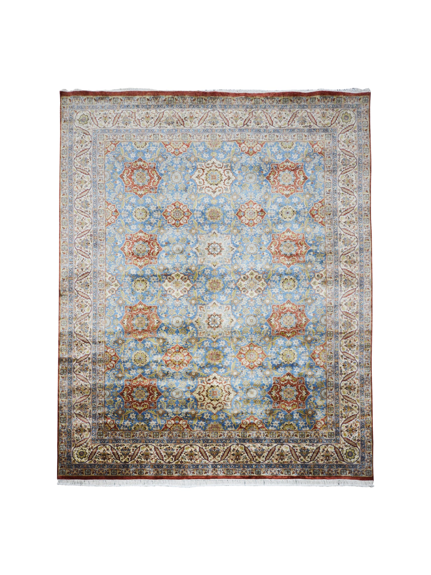 Garden Blue, Ivory and Red Traditional Samarkand Pure Wool Luxury Handknotted Area Rug